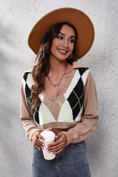 Geometric Long Sleeve Cropped Sweater - Premium from Trendsi - Just $25! Shop now at ZLA