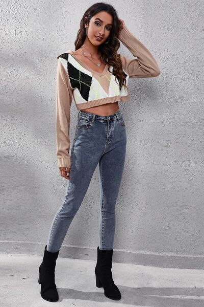 Geometric Long Sleeve Cropped Sweater - Premium from Trendsi - Just $25! Shop now at ZLA