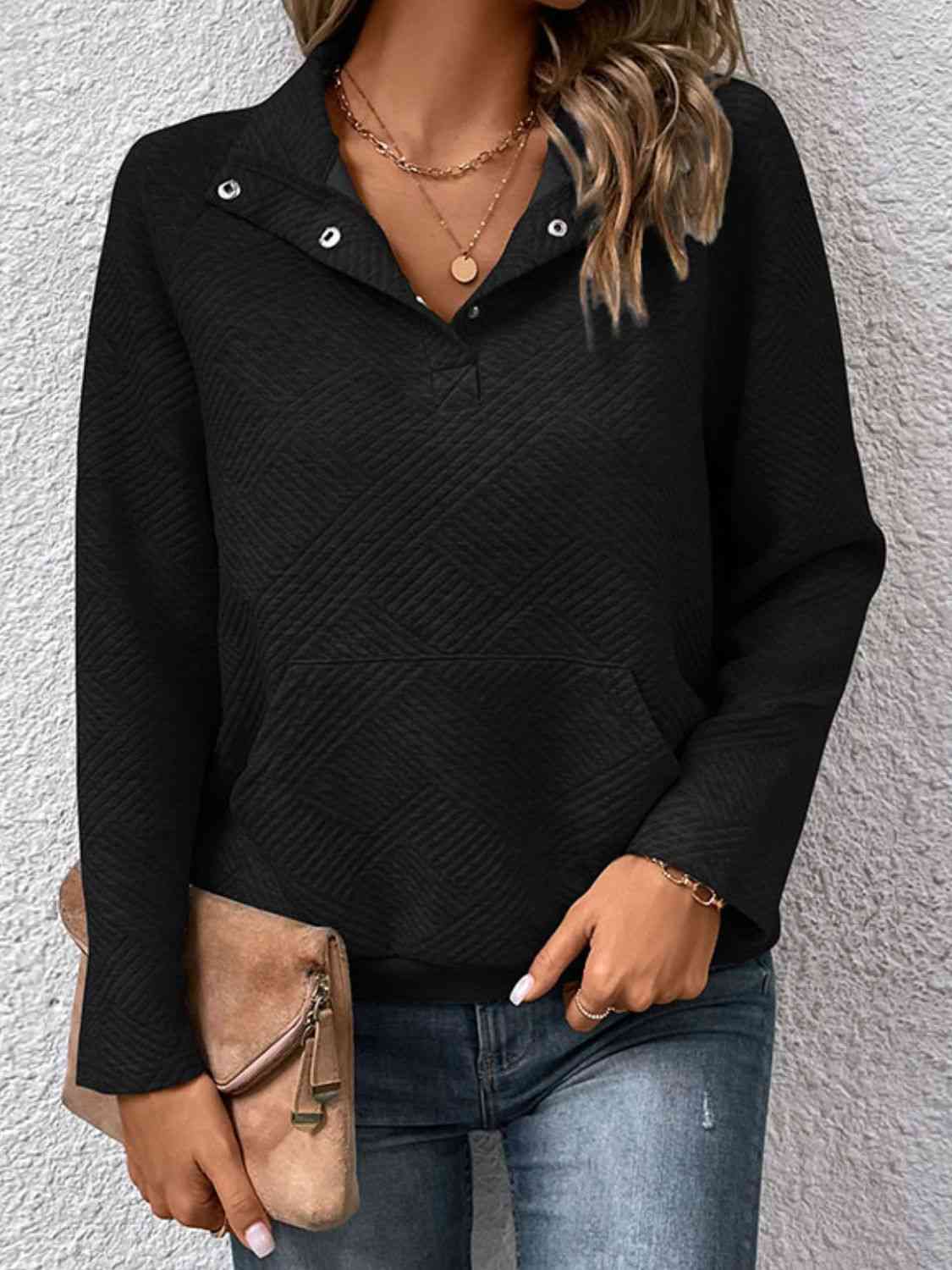 Half Buttoned Collared Neck Sweatshirt with Pocket - Premium from Trendsi - Just $29! Shop now at ZLA