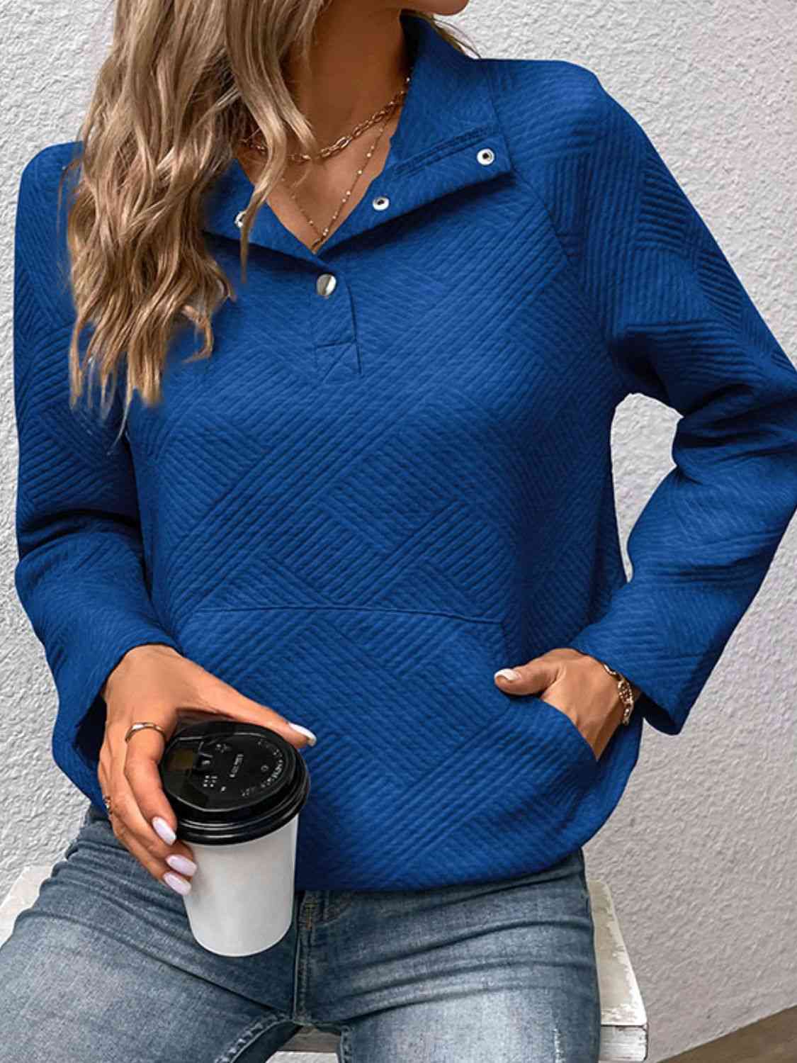 Half Buttoned Collared Neck Sweatshirt with Pocket - Premium from Trendsi - Just $29! Shop now at ZLA
