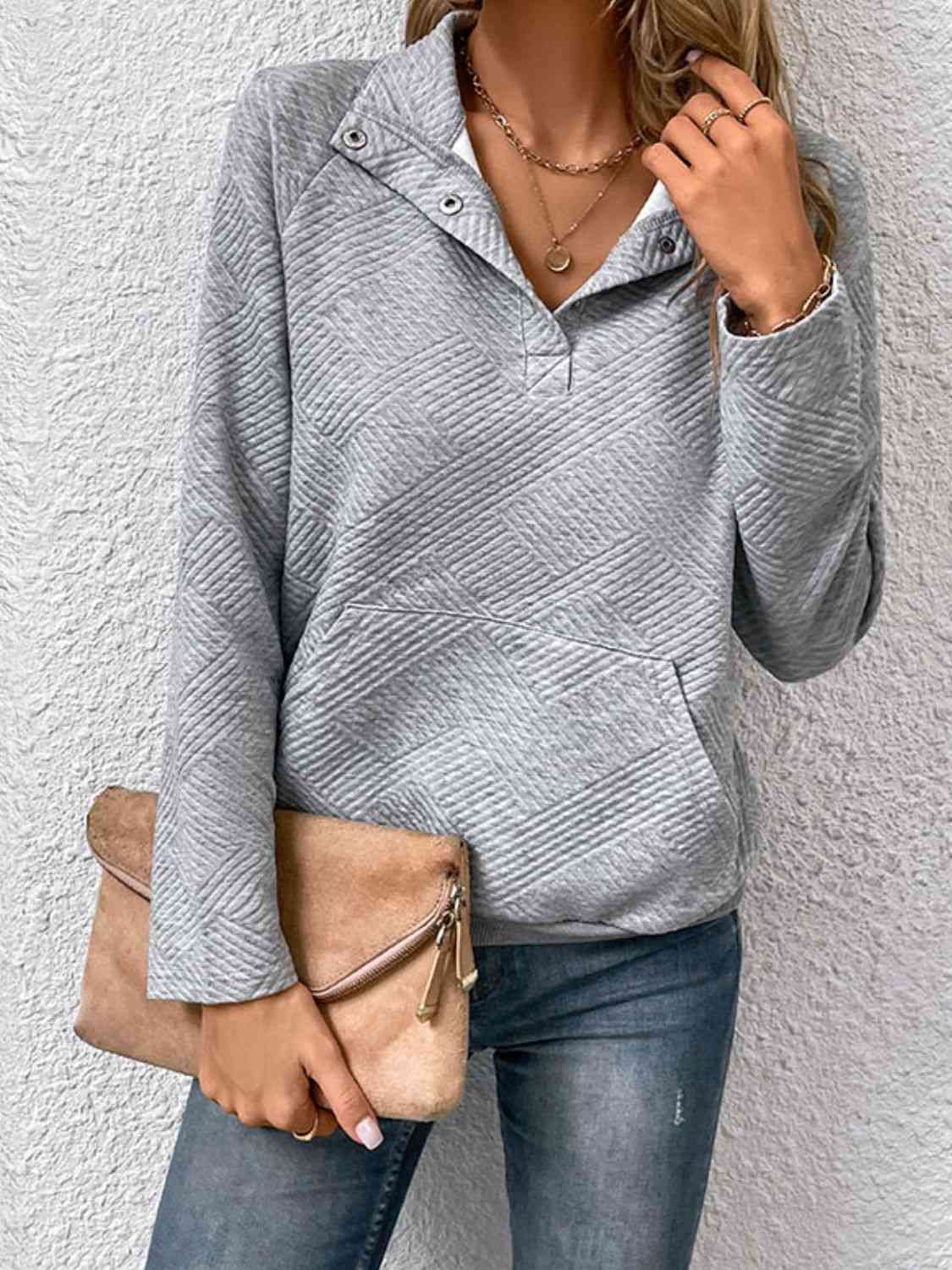 Half Buttoned Collared Neck Sweatshirt with Pocket - Premium from Trendsi - Just $29! Shop now at ZLA
