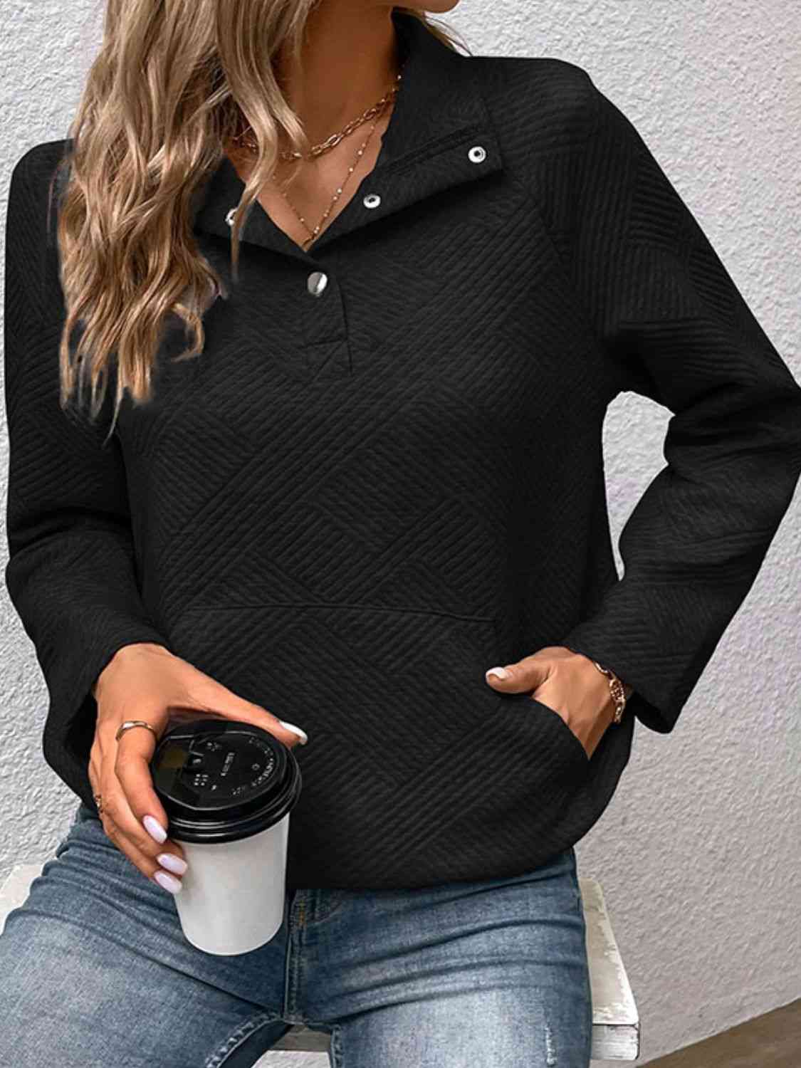 Half Buttoned Collared Neck Sweatshirt with Pocket - Premium from Trendsi - Just $29! Shop now at ZLA