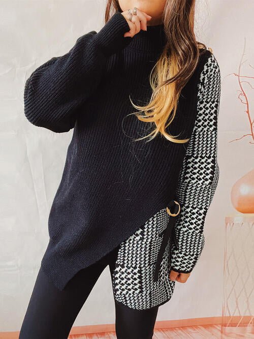 Houndstooth Turtleneck Long Sleeve Slit Sweater - Premium from Trendsi - Just $51! Shop now at ZLA