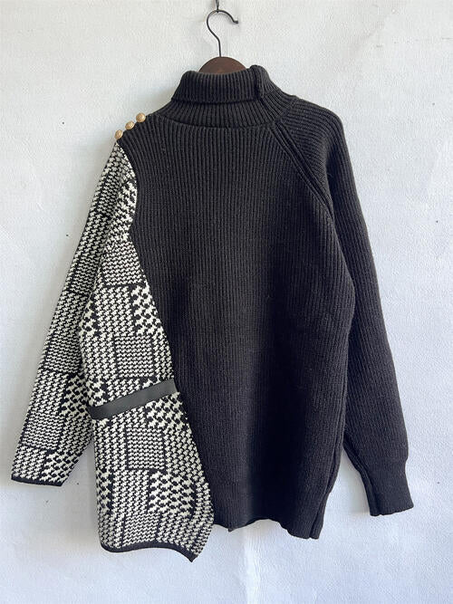 Houndstooth Turtleneck Long Sleeve Slit Sweater - Premium from Trendsi - Just $51! Shop now at ZLA