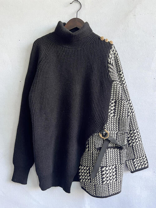 Houndstooth Turtleneck Long Sleeve Slit Sweater - Premium from Trendsi - Just $51! Shop now at ZLA