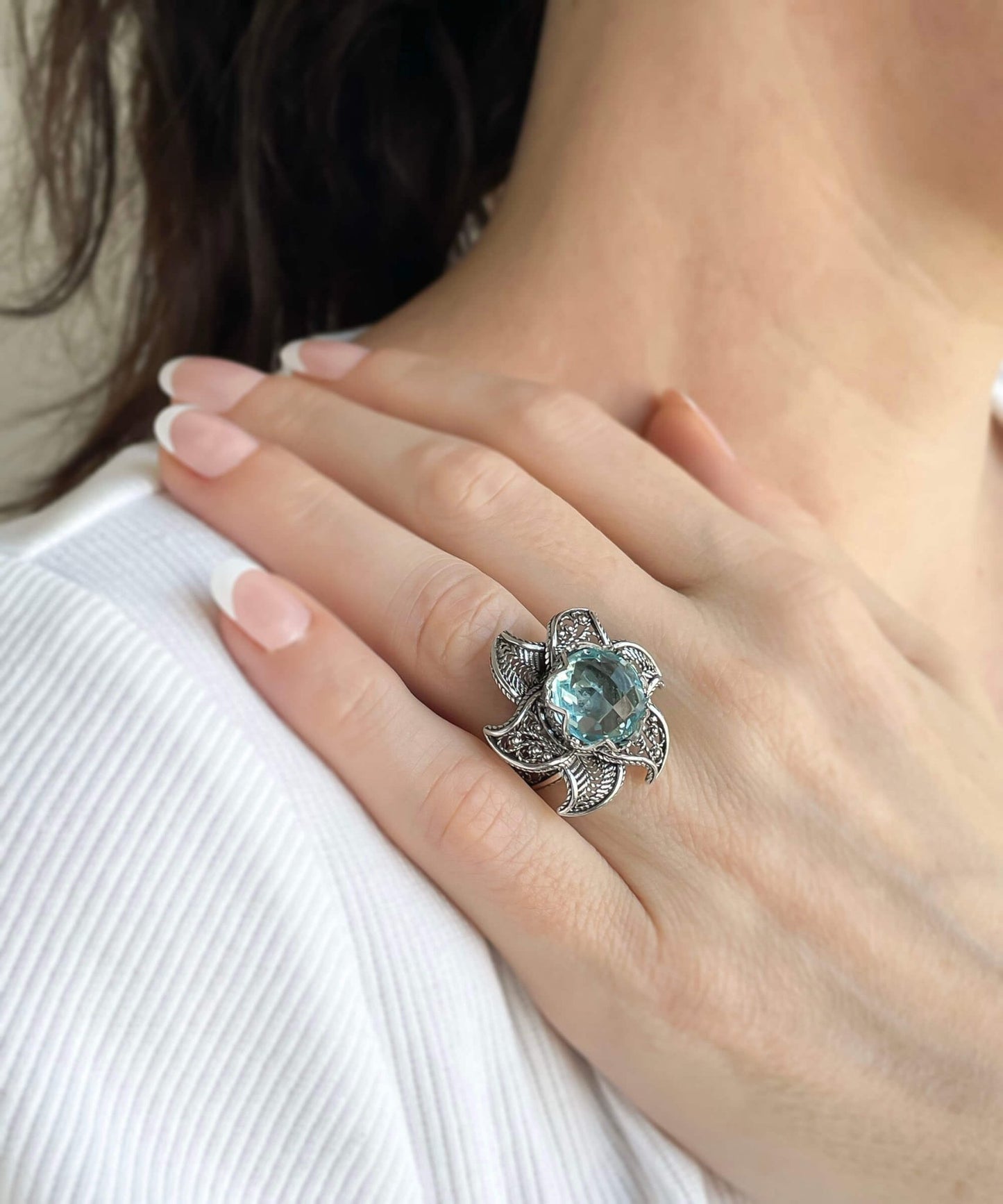 Lotus Flower Blue Topaz Gemstone Women Silver Statement Ring - Premium Jewelry & Watches from Scarlet Corydalis - Just $41.77! Shop now at ZLA