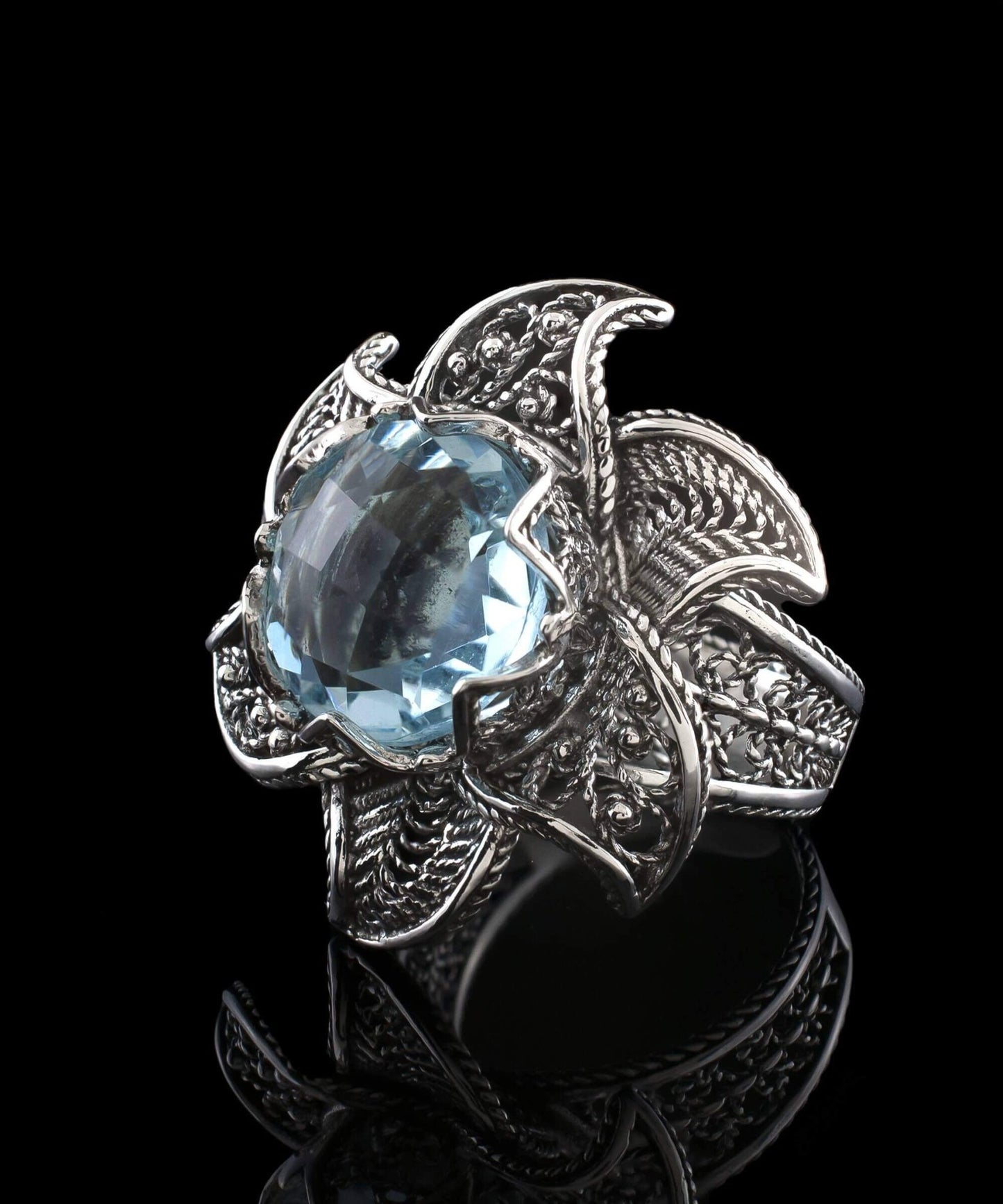 Lotus Flower Blue Topaz Gemstone Women Silver Statement Ring - Premium Jewelry & Watches from Scarlet Corydalis - Just $41.77! Shop now at ZLA