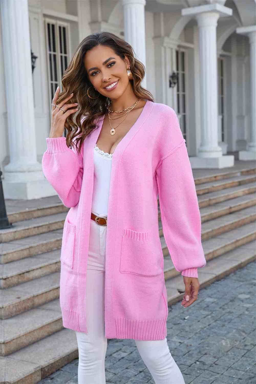 Open Front Dropped Shoulder Cardigan with Pocket - Premium from Trendsi - Just $53! Shop now at ZLA