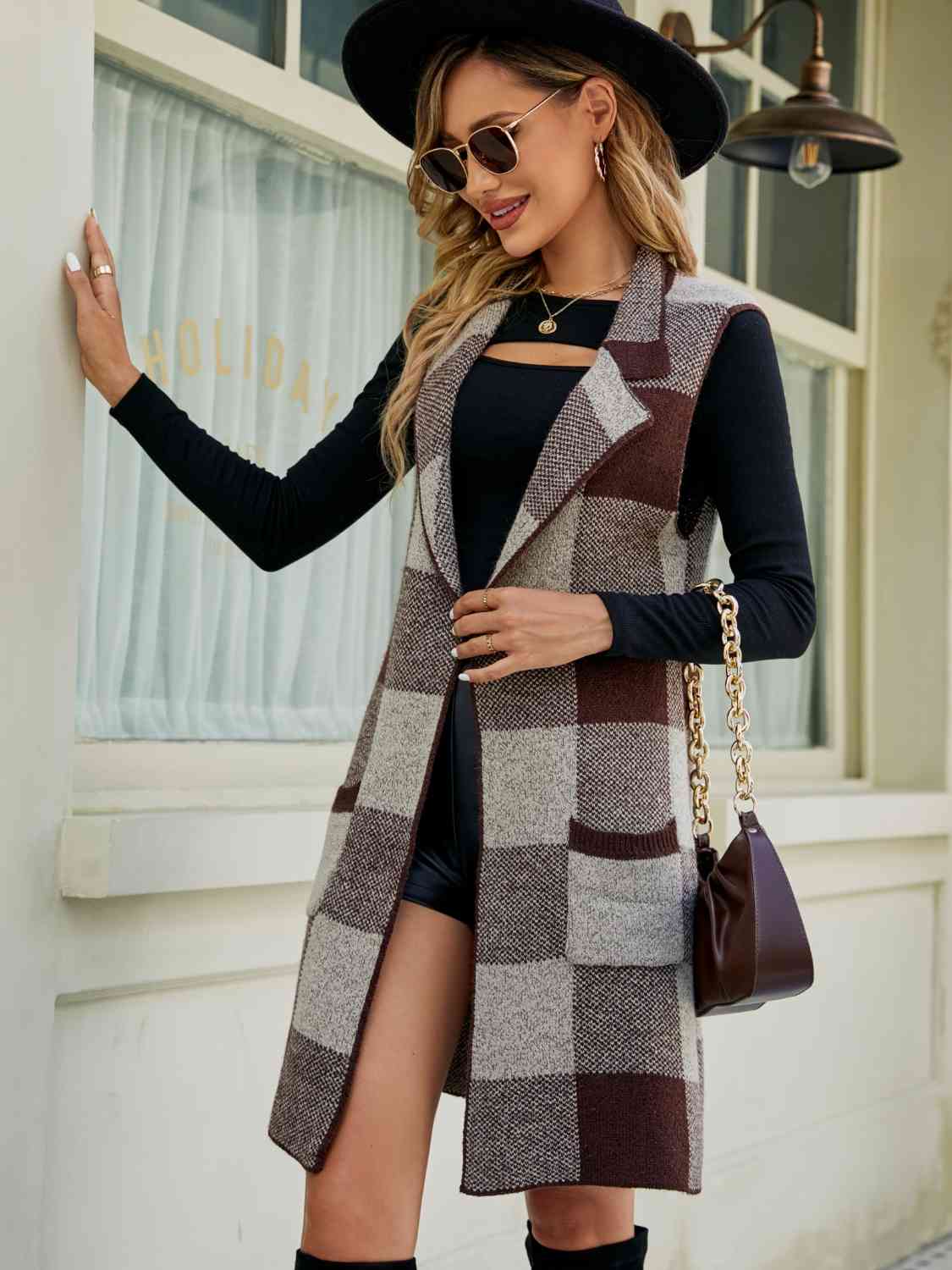 Plaid Lapel Collar Sleeveless Cardigan - Premium from Trendsi - Just $37! Shop now at ZLA
