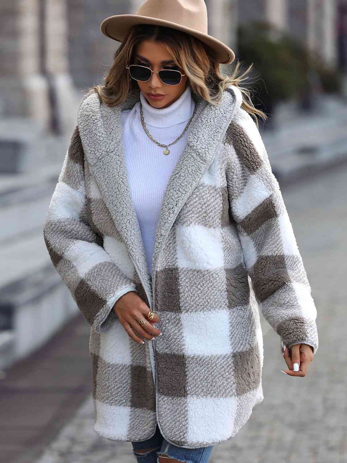 Plaid Open Front Hooded Coat - Premium from Trendsi - Just $38! Shop now at ZLA