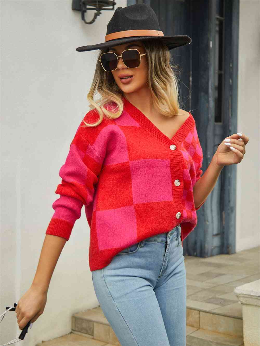 Plaid V-Neck Dropped Shoulder Cardigan - Premium from Trendsi - Just $39! Shop now at ZLA