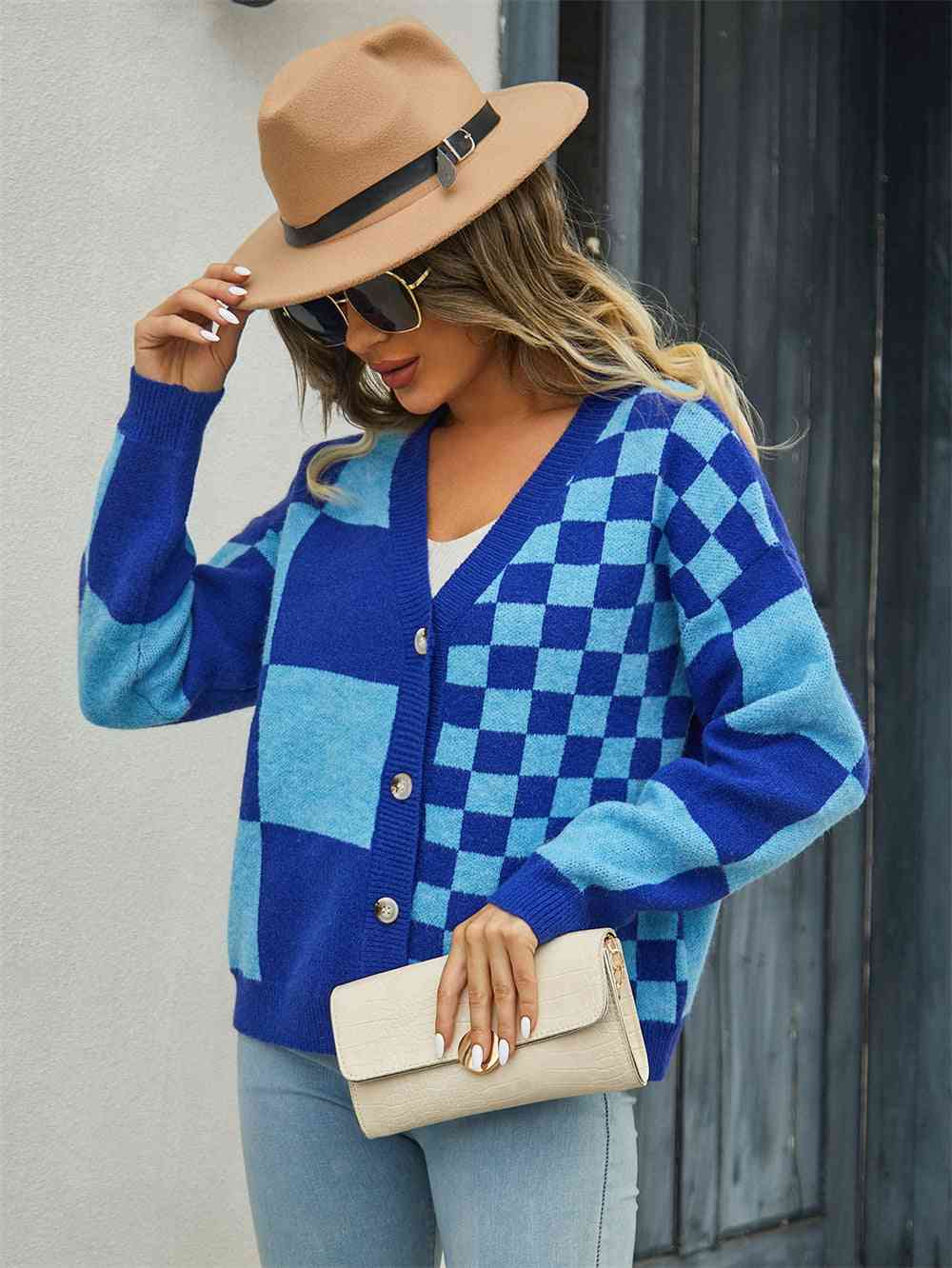 Plaid V-Neck Dropped Shoulder Cardigan - Premium from Trendsi - Just $39! Shop now at ZLA