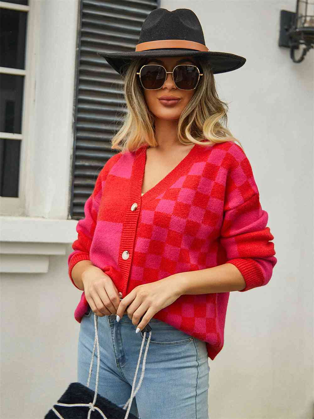 Plaid V-Neck Dropped Shoulder Cardigan - Premium from Trendsi - Just $39! Shop now at ZLA