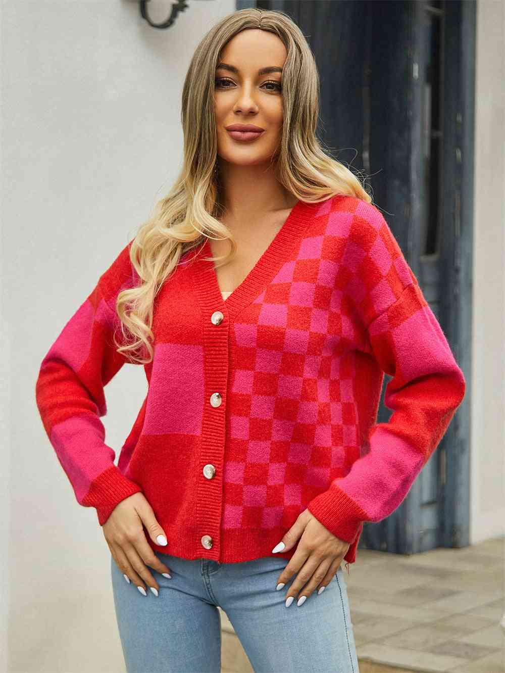 Plaid V-Neck Dropped Shoulder Cardigan - Premium from Trendsi - Just $39! Shop now at ZLA