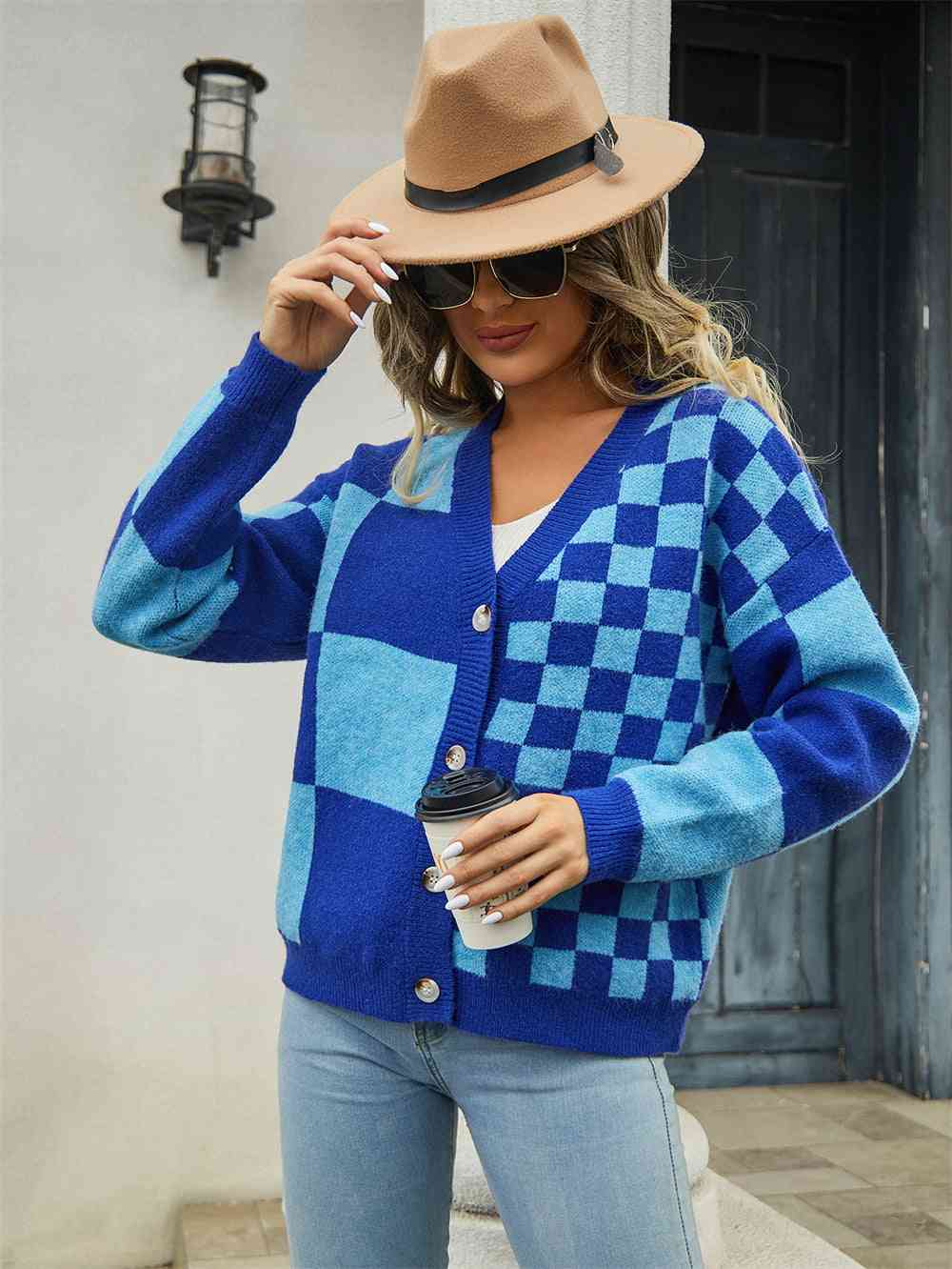 Plaid V-Neck Dropped Shoulder Cardigan - Premium from Trendsi - Just $39! Shop now at ZLA