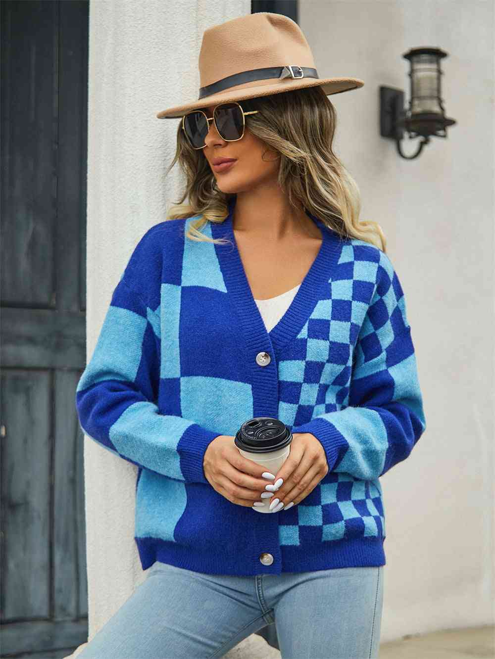 Plaid V-Neck Dropped Shoulder Cardigan - Premium from Trendsi - Just $39! Shop now at ZLA