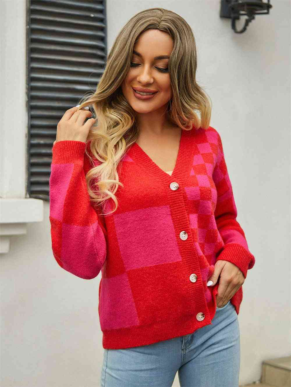Plaid V-Neck Dropped Shoulder Cardigan - Premium from Trendsi - Just $39! Shop now at ZLA