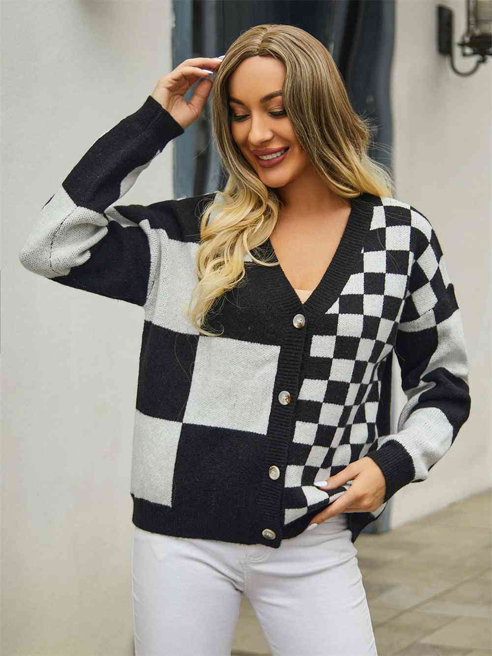 Plaid V-Neck Dropped Shoulder Cardigan - Premium from Trendsi - Just $39! Shop now at ZLA