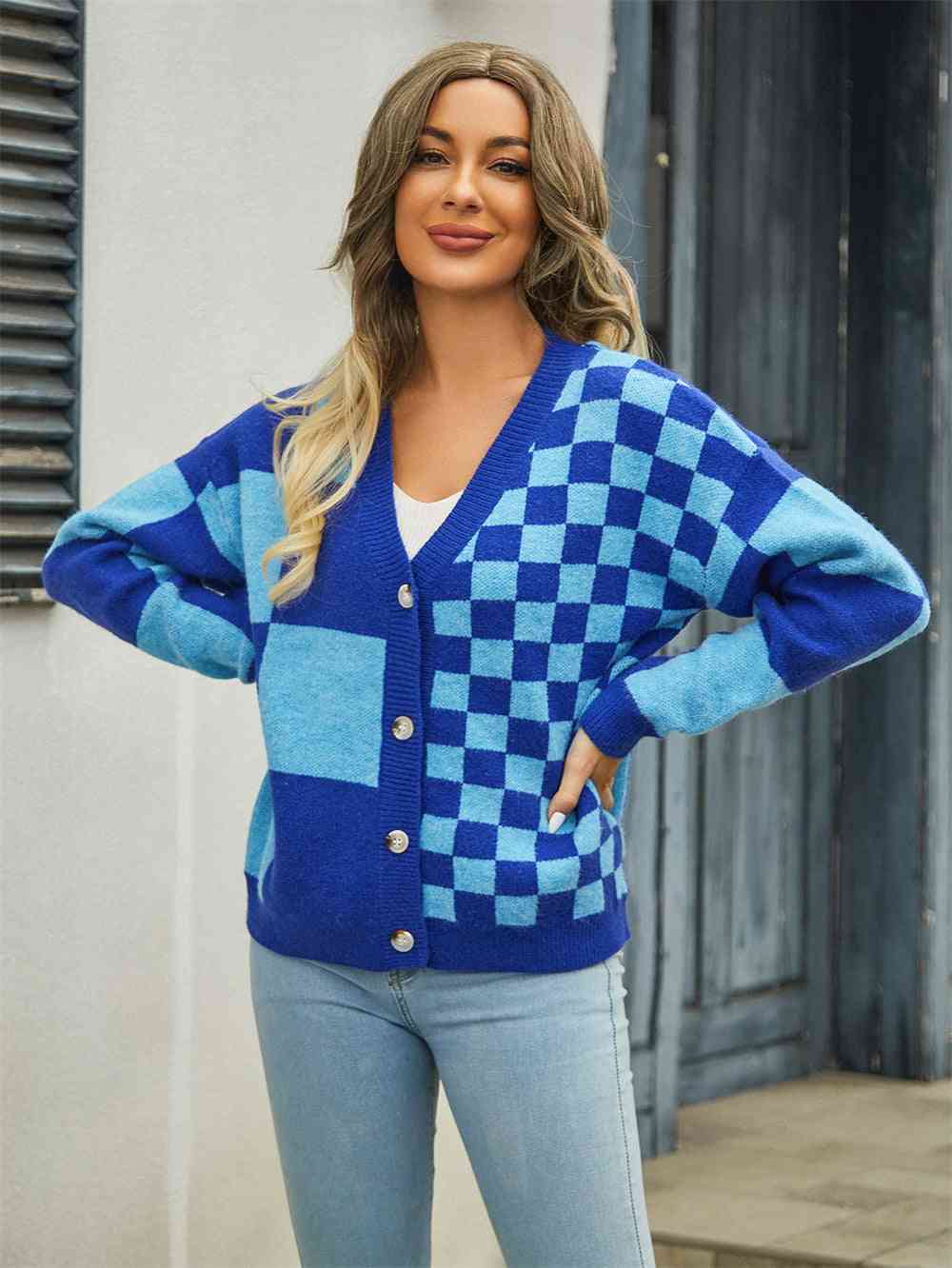 Plaid V-Neck Dropped Shoulder Cardigan - Premium from Trendsi - Just $39! Shop now at ZLA