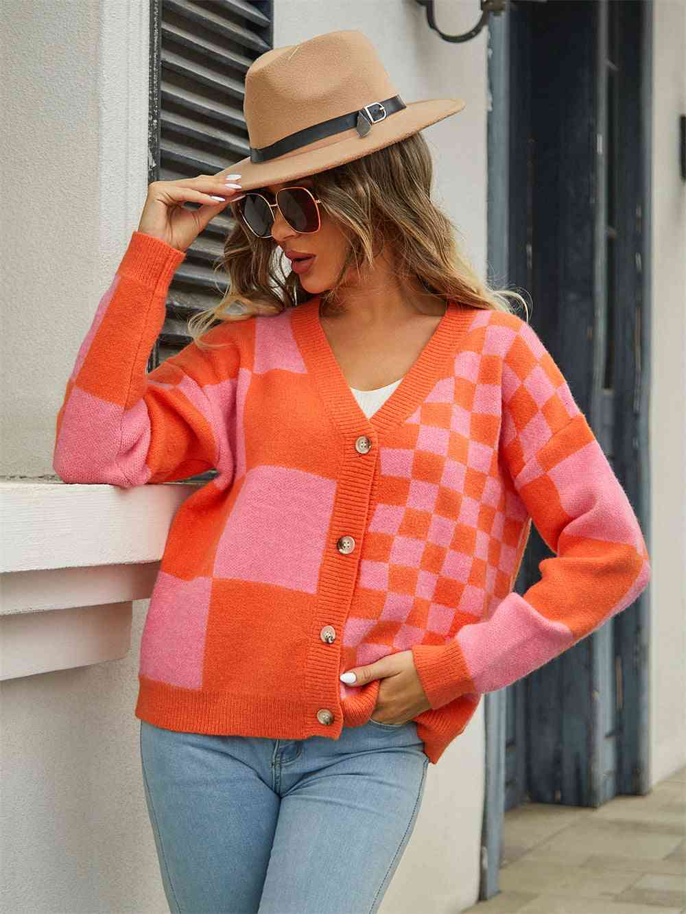 Plaid V-Neck Dropped Shoulder Cardigan - Premium from Trendsi - Just $39! Shop now at ZLA