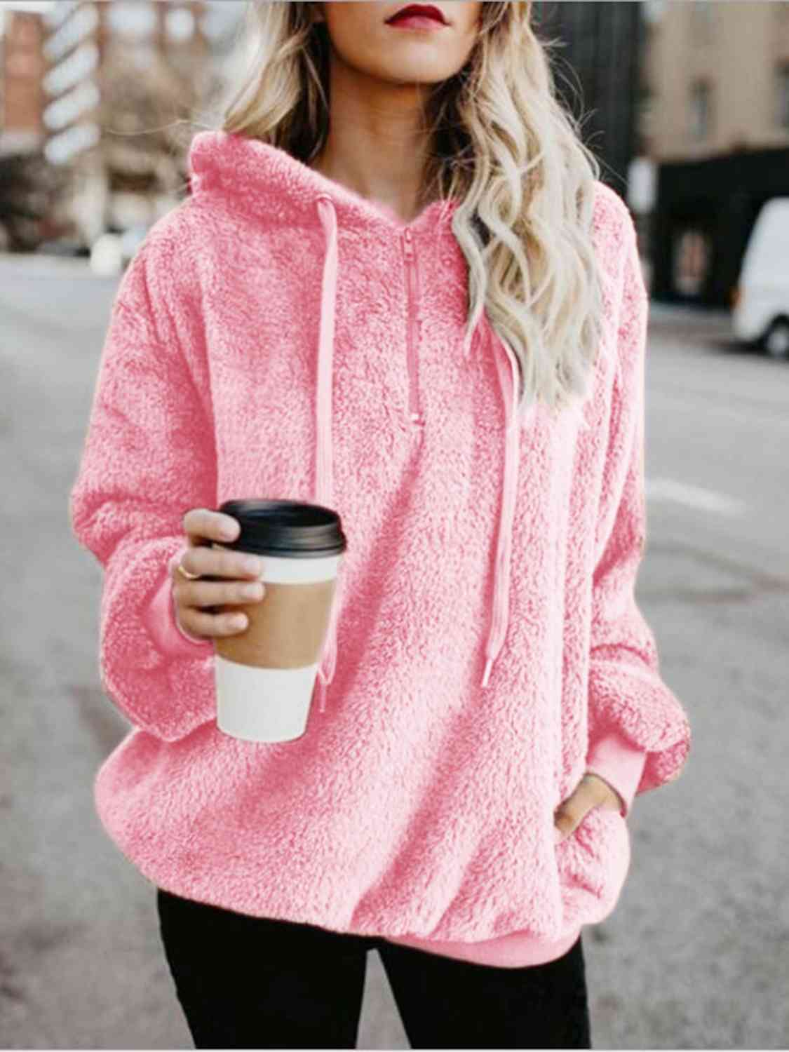 Quarter-Zip Drawstring Teddy Hoodie - Premium from Trendsi - Just $21! Shop now at ZLA