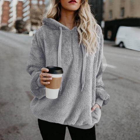 Quarter-Zip Drawstring Teddy Hoodie - Premium from Trendsi - Just $21! Shop now at ZLA
