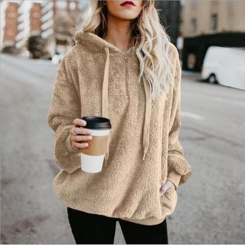 Quarter-Zip Drawstring Teddy Hoodie - Premium from Trendsi - Just $21! Shop now at ZLA