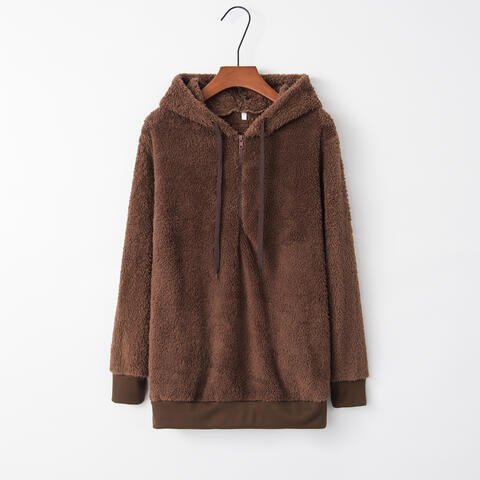 Quarter-Zip Drawstring Teddy Hoodie - Premium from Trendsi - Just $21! Shop now at ZLA