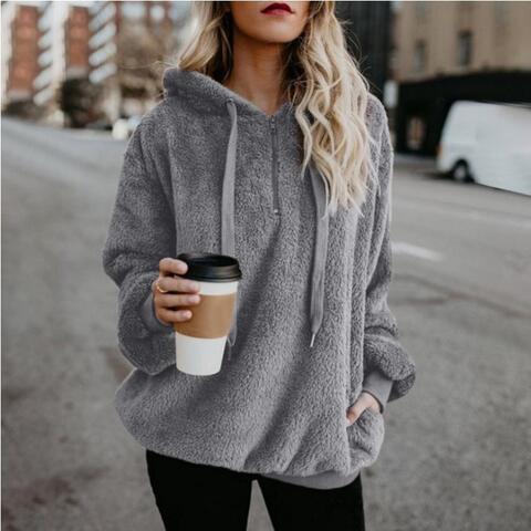 Quarter-Zip Drawstring Teddy Hoodie - Premium from Trendsi - Just $21! Shop now at ZLA