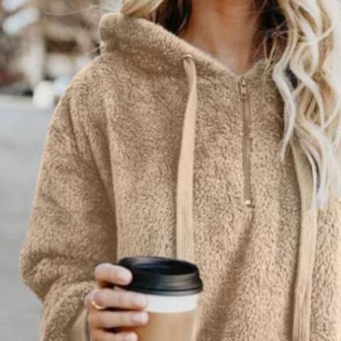 Quarter-Zip Drawstring Teddy Hoodie - Premium from Trendsi - Just $21! Shop now at ZLA