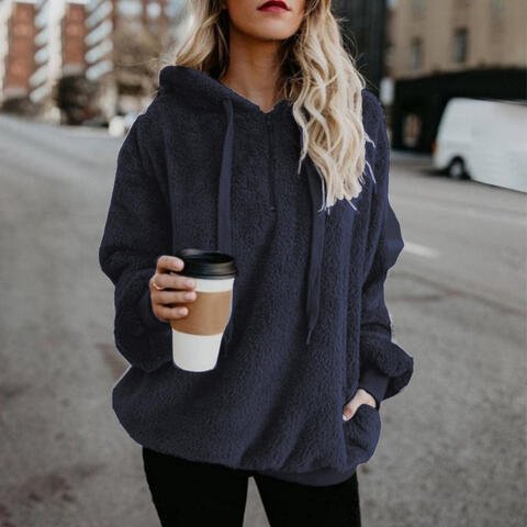 Quarter-Zip Drawstring Teddy Hoodie - Premium from Trendsi - Just $21! Shop now at ZLA