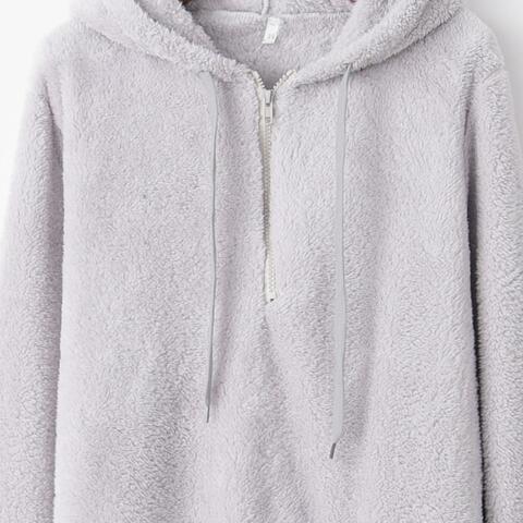 Quarter-Zip Drawstring Teddy Hoodie - Premium from Trendsi - Just $21! Shop now at ZLA