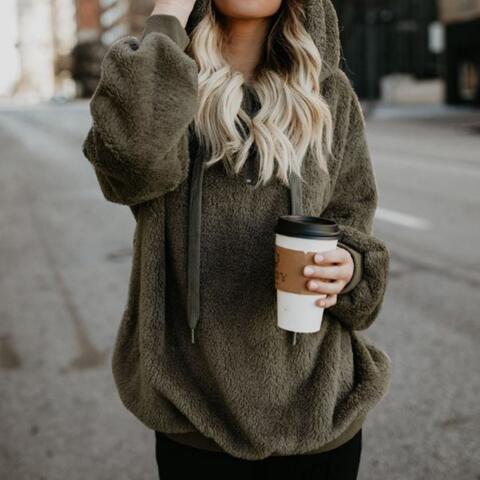 Quarter-Zip Drawstring Teddy Hoodie - Premium from Trendsi - Just $21! Shop now at ZLA