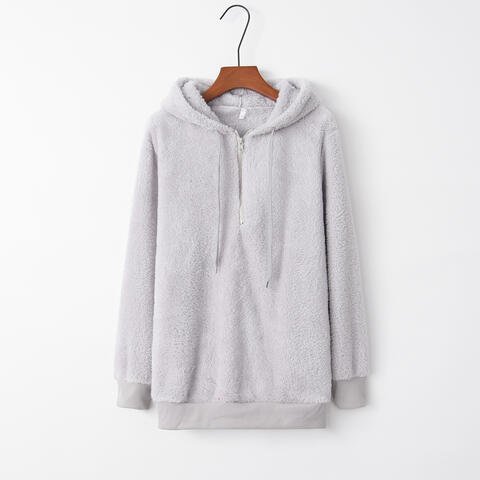 Quarter-Zip Drawstring Teddy Hoodie - Premium from Trendsi - Just $21! Shop now at ZLA