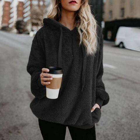 Quarter-Zip Drawstring Teddy Hoodie - Premium from Trendsi - Just $21! Shop now at ZLA