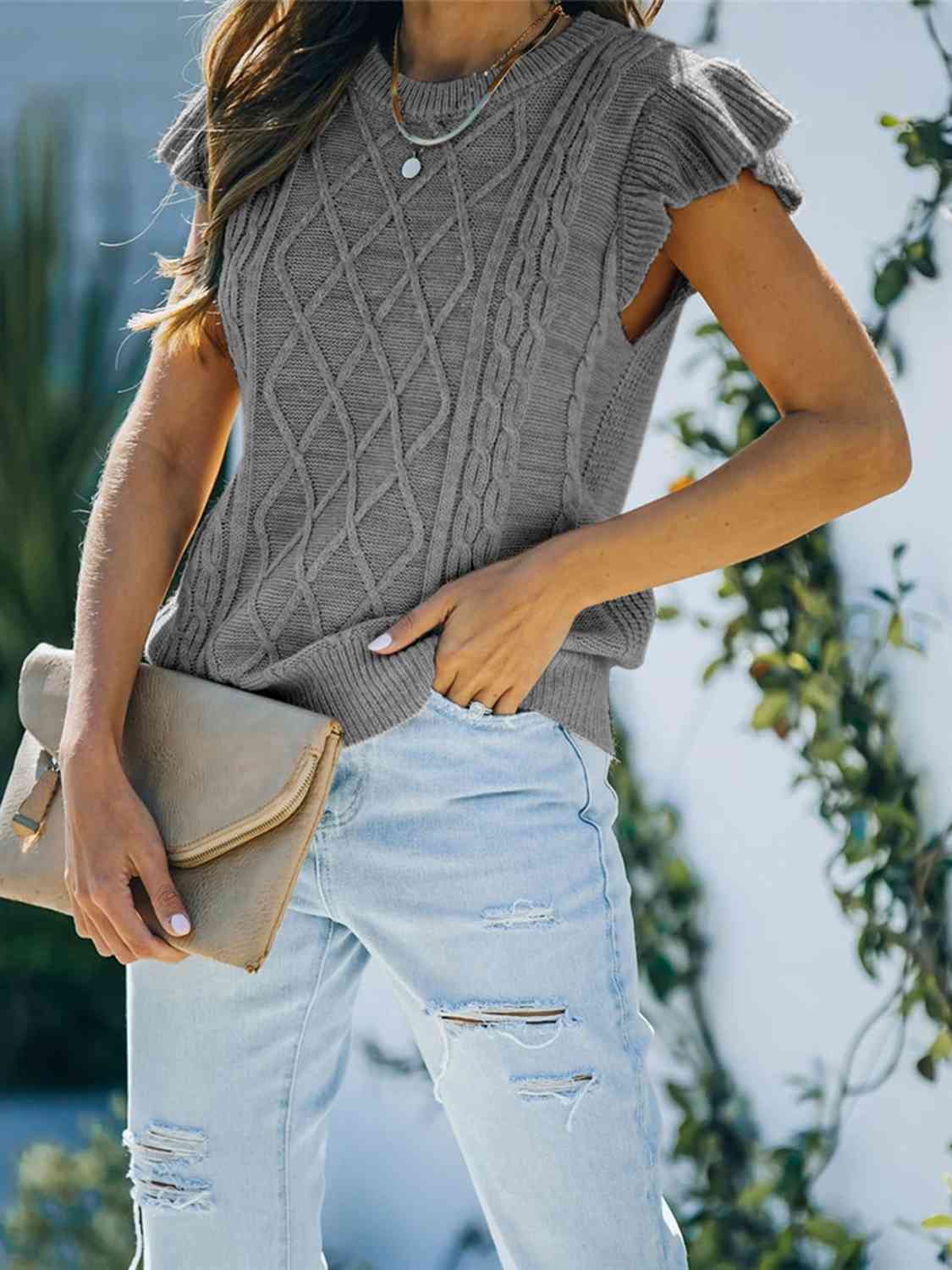 Round Neck Cap Sleeve Sweater - Premium from Trendsi - Just $21! Shop now at ZLA