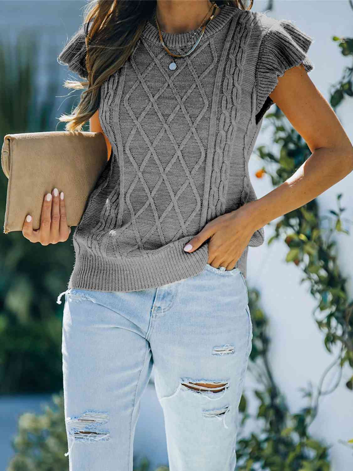Round Neck Cap Sleeve Sweater - Premium from Trendsi - Just $21! Shop now at ZLA