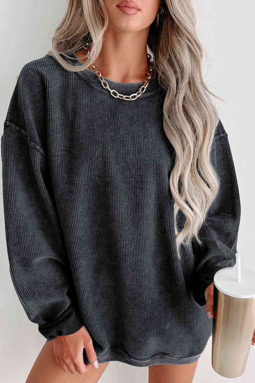 Round Neck Dropped Shoulder Sweatshirt - Premium from Trendsi - Just $39! Shop now at ZLA