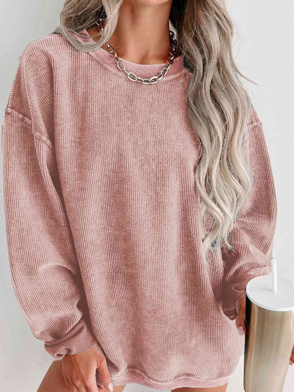 Round Neck Dropped Shoulder Sweatshirt - Premium from Trendsi - Just $39! Shop now at ZLA