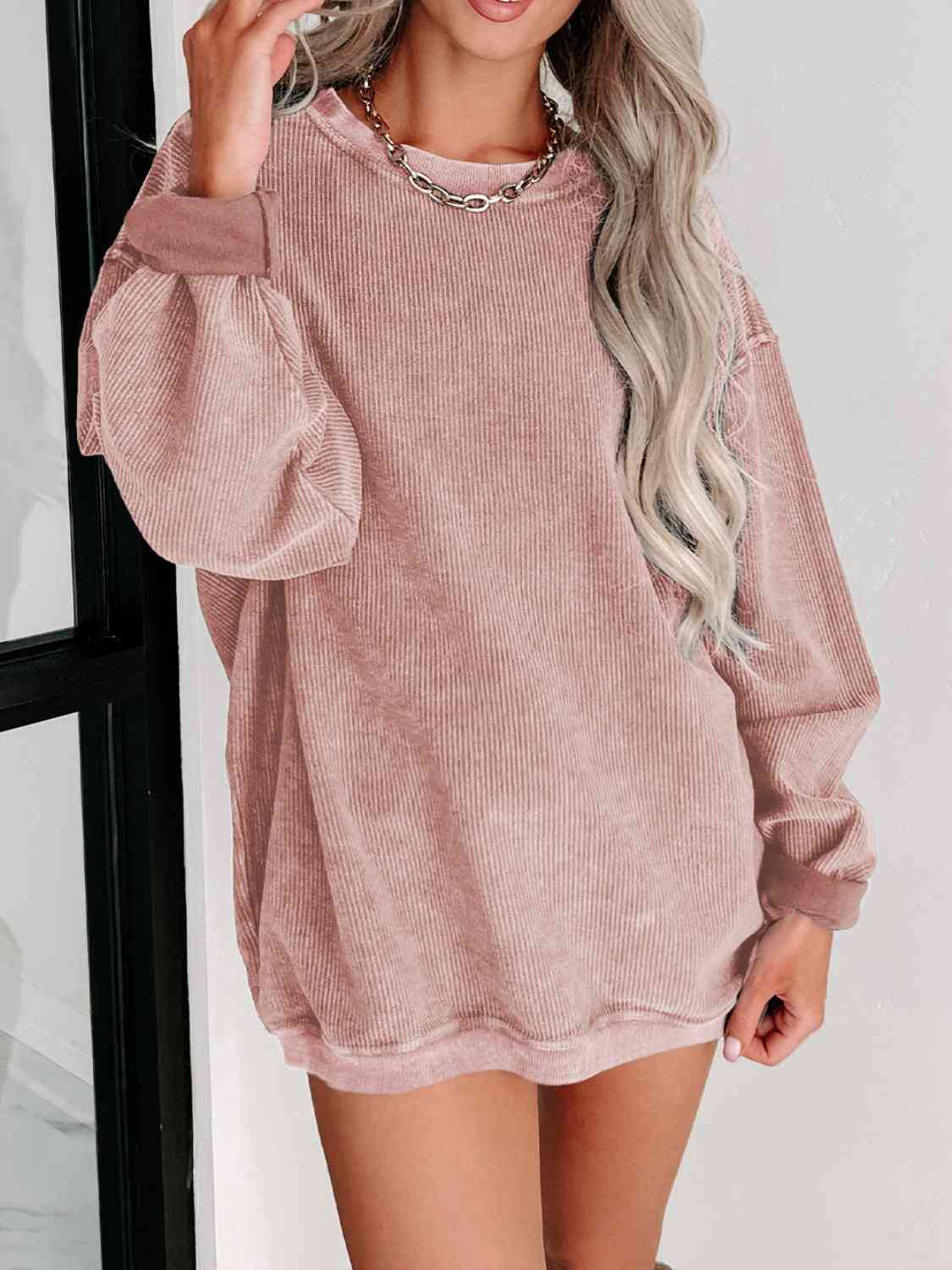 Round Neck Dropped Shoulder Sweatshirt - Premium from Trendsi - Just $39! Shop now at ZLA