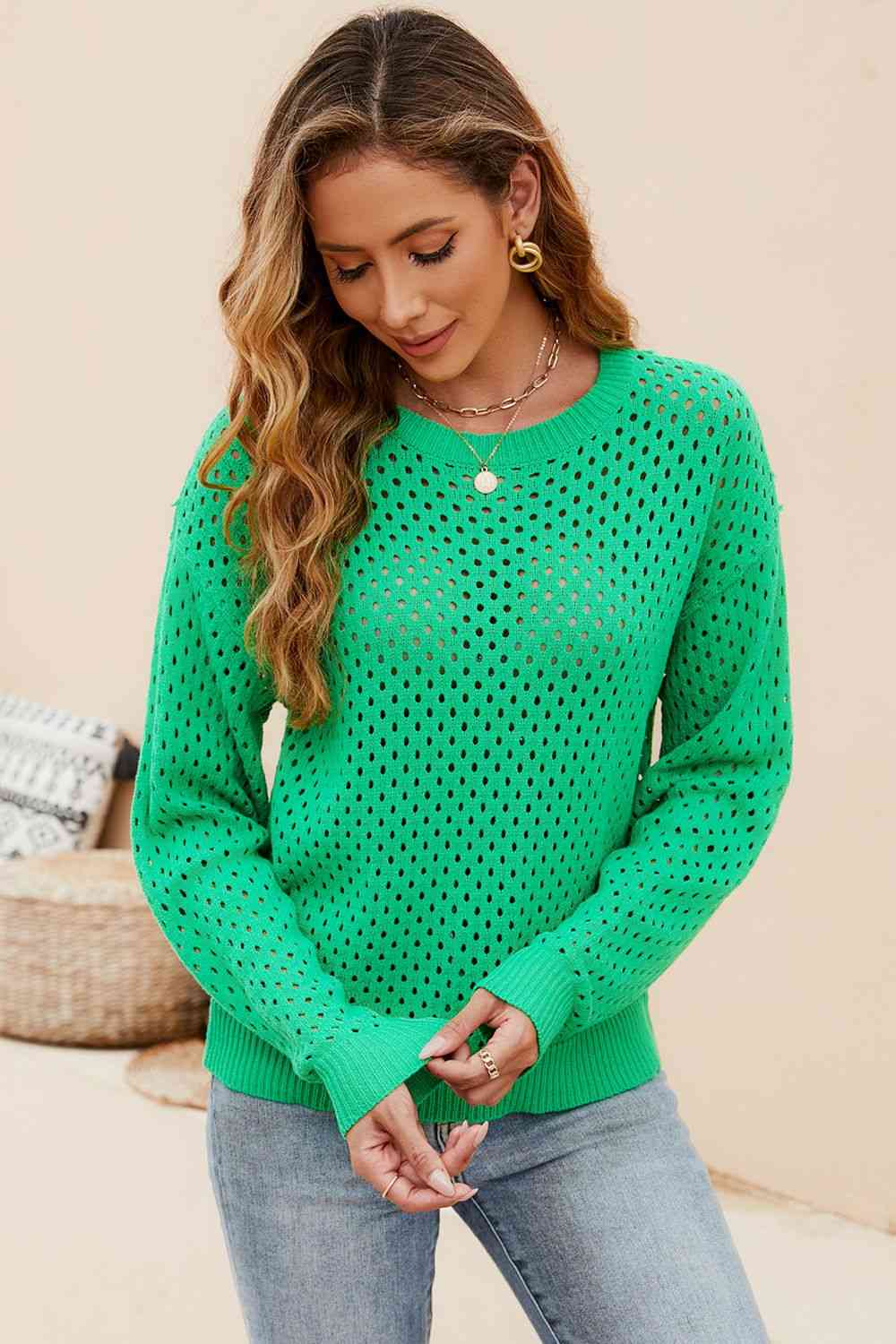 Round Neck Openwork Dropped Shoulder Knit Top - Premium from Trendsi - Just $31! Shop now at ZLA