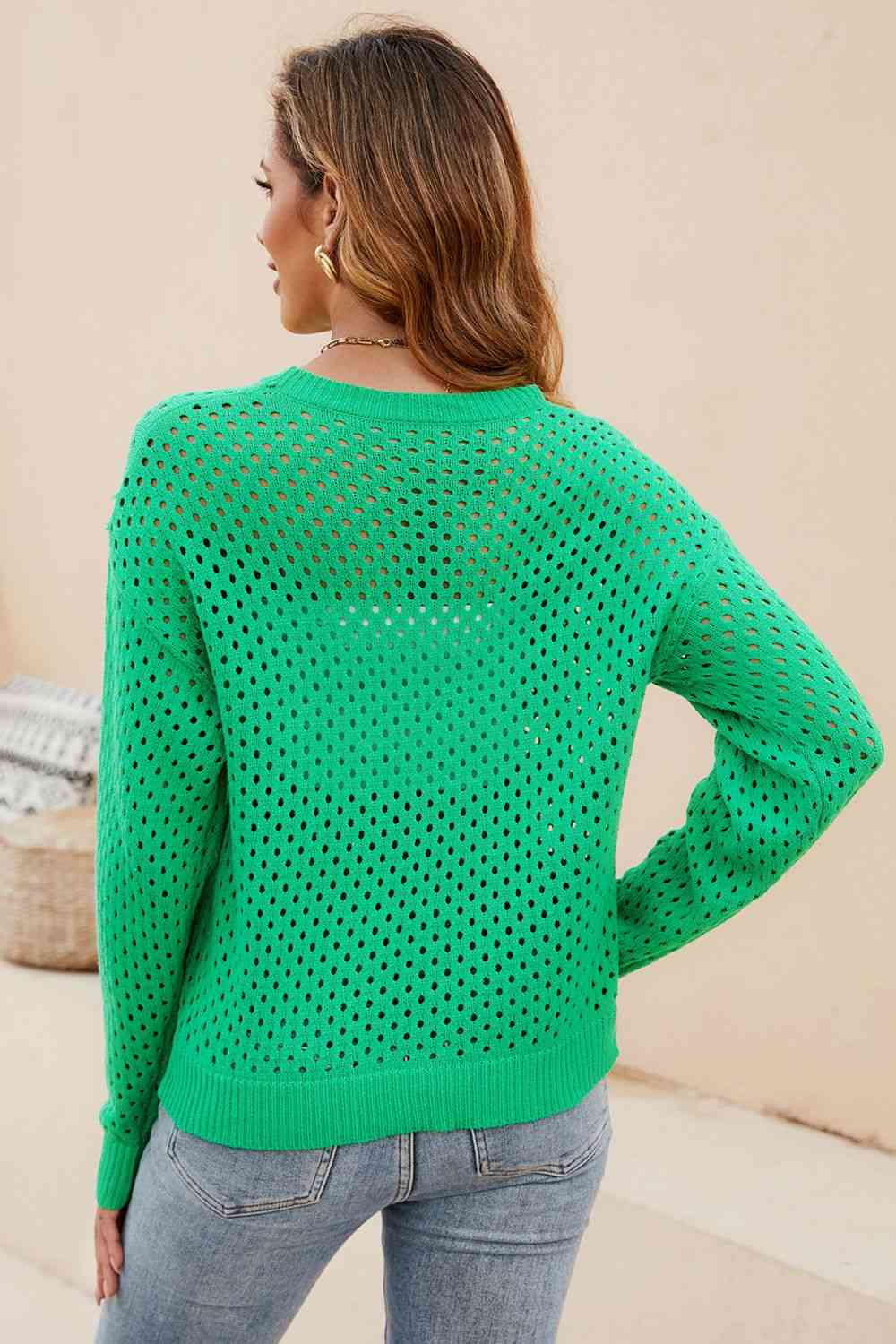 Round Neck Openwork Dropped Shoulder Knit Top - Premium from Trendsi - Just $31! Shop now at ZLA