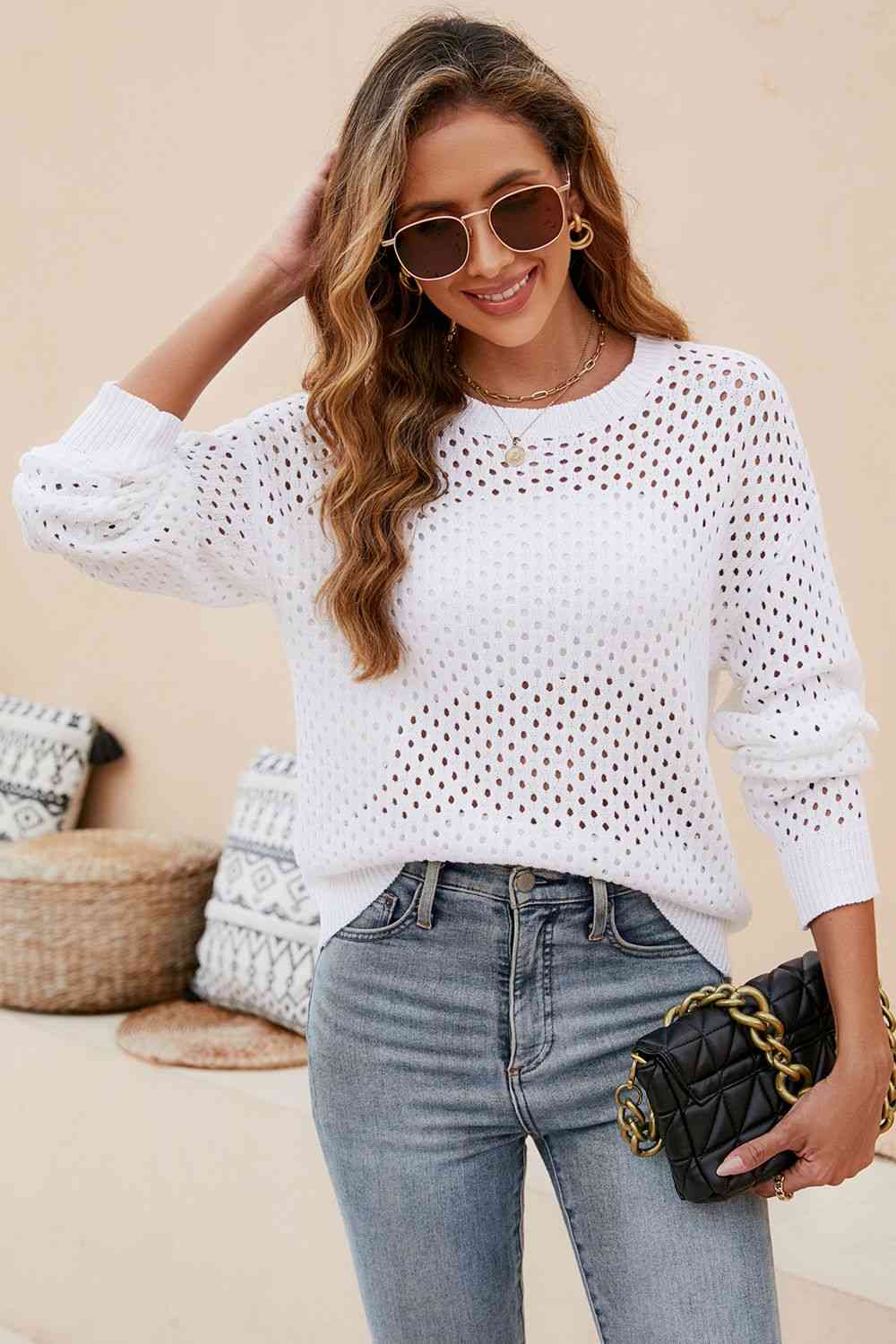 Round Neck Openwork Dropped Shoulder Knit Top - Premium from Trendsi - Just $31! Shop now at ZLA