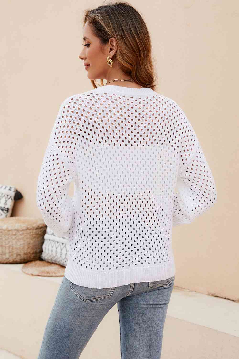 Round Neck Openwork Dropped Shoulder Knit Top - Premium from Trendsi - Just $31! Shop now at ZLA