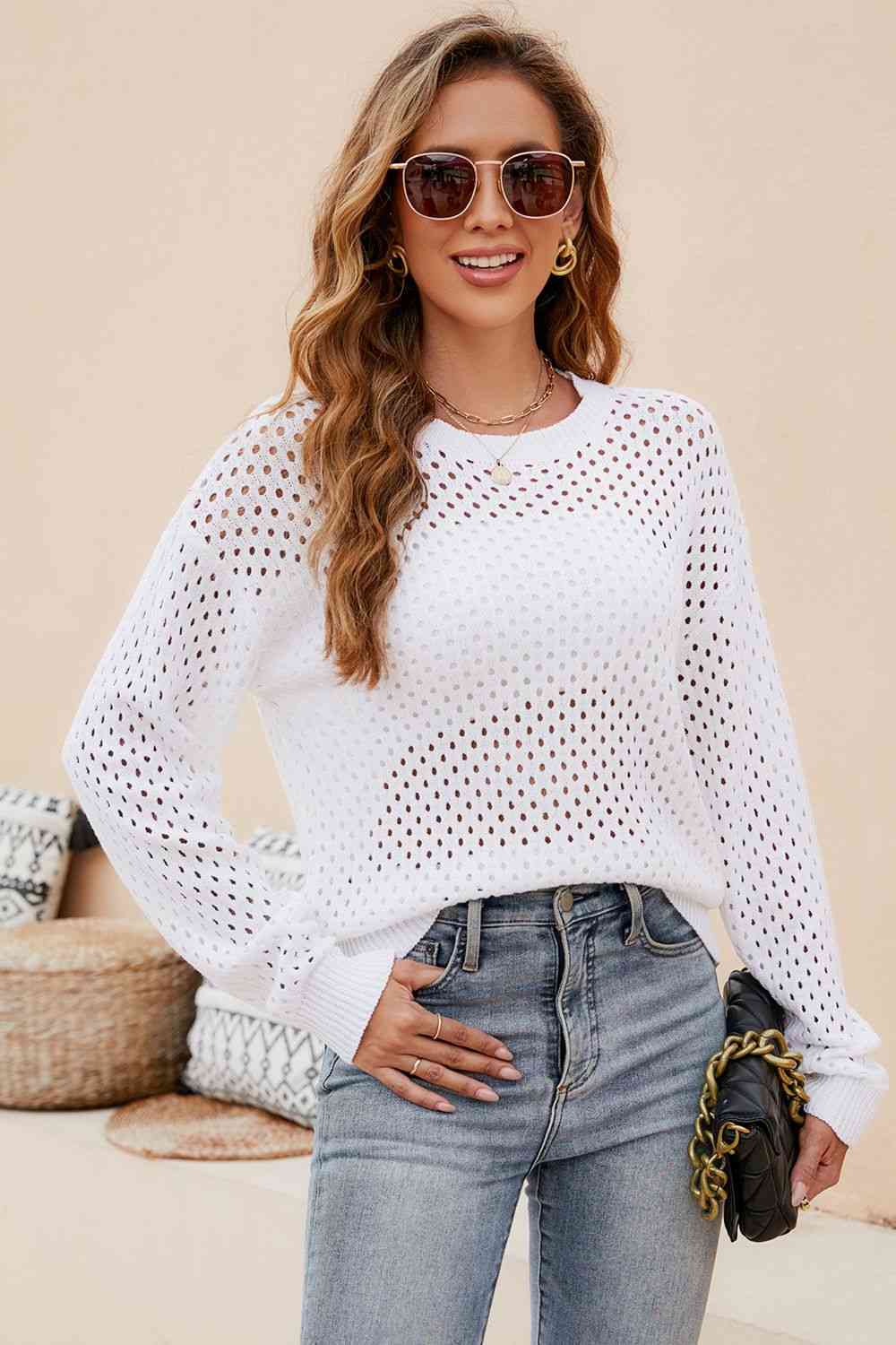 Round Neck Openwork Dropped Shoulder Knit Top - Premium from Trendsi - Just $31! Shop now at ZLA