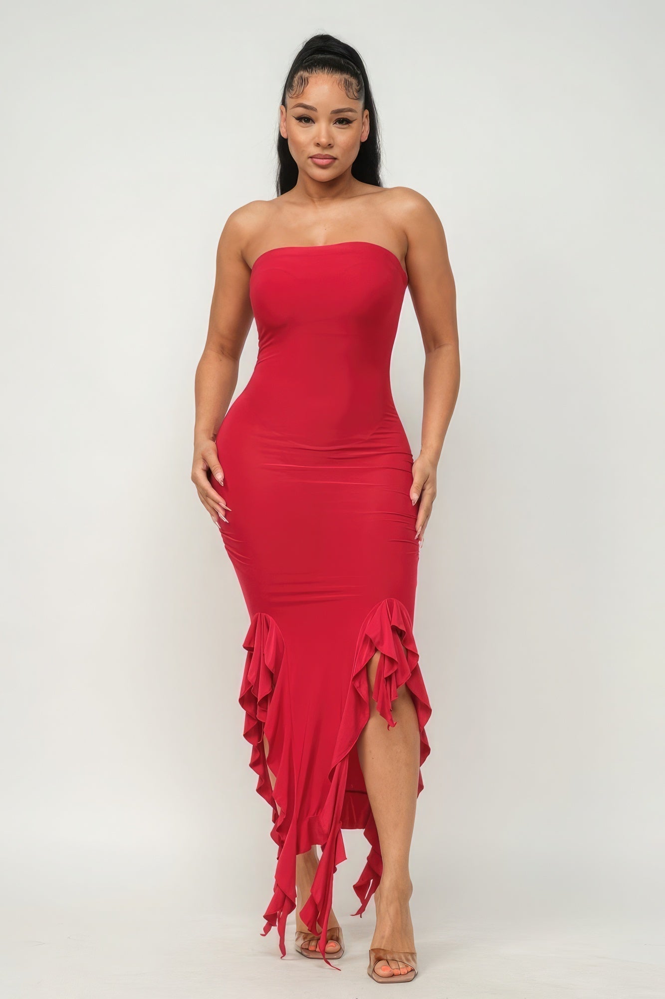 Solid Bottom Ruffle Trim Hem Slit Tube Maxi Dress - Premium from ZLA - Just $27.50! Shop now at ZLA