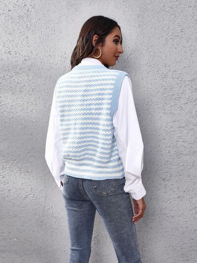 Striped Button Up V-Neck Sweater Vest - Premium from Trendsi - Just $24! Shop now at ZLA