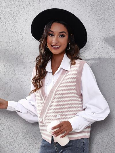 Striped Button Up V-Neck Sweater Vest - Premium from Trendsi - Just $24! Shop now at ZLA