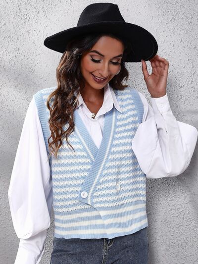 Striped Button Up V-Neck Sweater Vest - Premium from Trendsi - Just $24! Shop now at ZLA