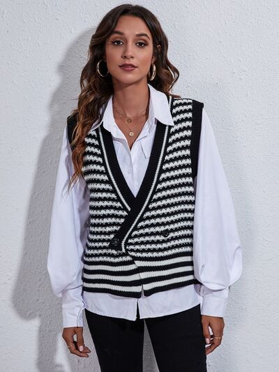Striped Button Up V-Neck Sweater Vest - Premium from Trendsi - Just $24! Shop now at ZLA